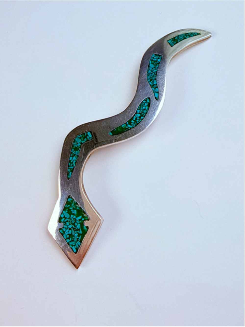 Taxco Southwestern Crushed Malachite Snake Sterling Silver VTG Pin/Brooch Mexico
